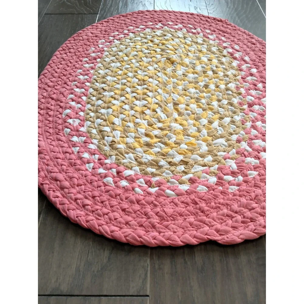 Braided Rag Rug Oval 22.5 x 29 Coral Pink Yellow Gold White